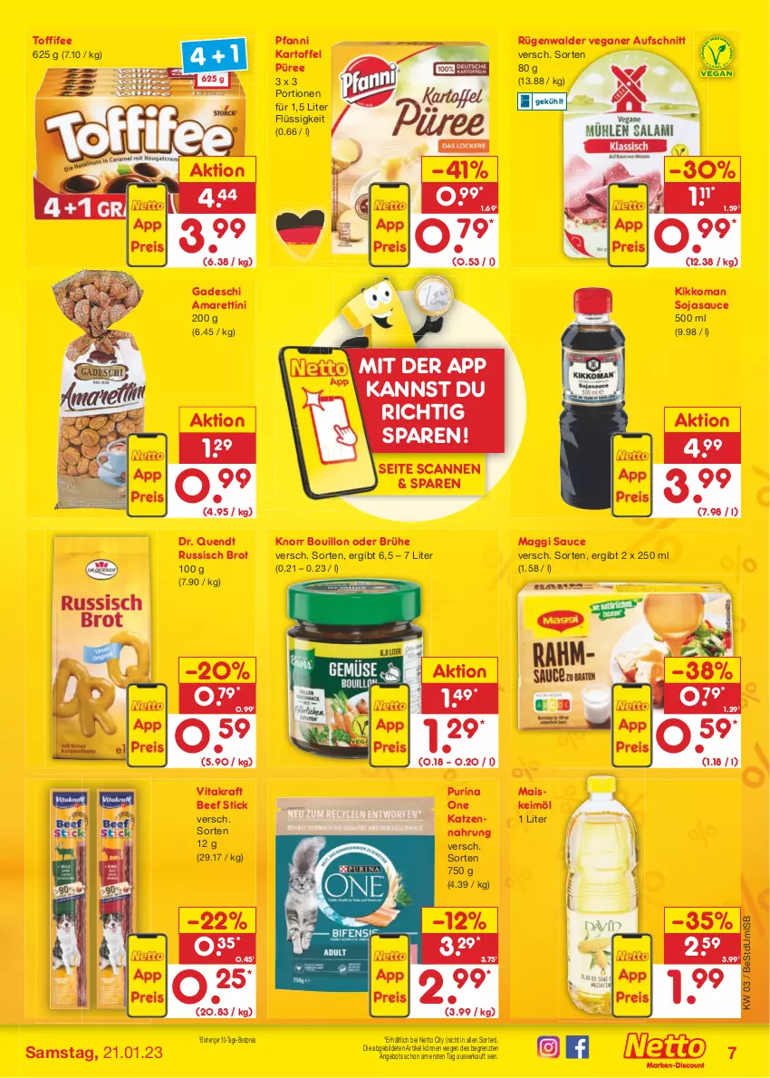 Aktueller Prospekt Netto Marken-Discount - Filial-Angebote - von 16.01 bis 21.01.2023 - strona 9 - produkty: angebot, aufschnitt, beef, bestpreis, brot, Brühe, eis, kartoffel, katzennahrung, keimöl, kikkoman, knorr, kraft, maggi, mais, pfanni, püree, purina, reis, rügenwalder, russisch brot, sauce, soja, sojasauce, Ti, toffifee, vita, vitakraft, ZTE