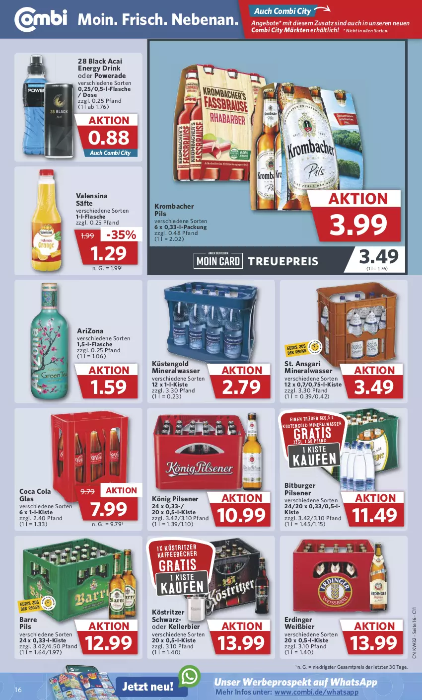 Aktueller Prospekt Combi - Prospekte - von 07.08 bis 12.08.2023 - strona 16 - produkty: Alwa, angebot, angebote, Becher, bier, bitburger, bitburger pils, burger, cola, drink, eis, elle, energy drink, erdinger, flasche, kaffee, kaffeebecher, kellerbier, könig pilsener, köstritzer, krombache, krombacher, krombacher pils, küstengold, lack, mineralwasser, pils, pilsener, reis, säfte, Ti, valensina, wasser, ZTE