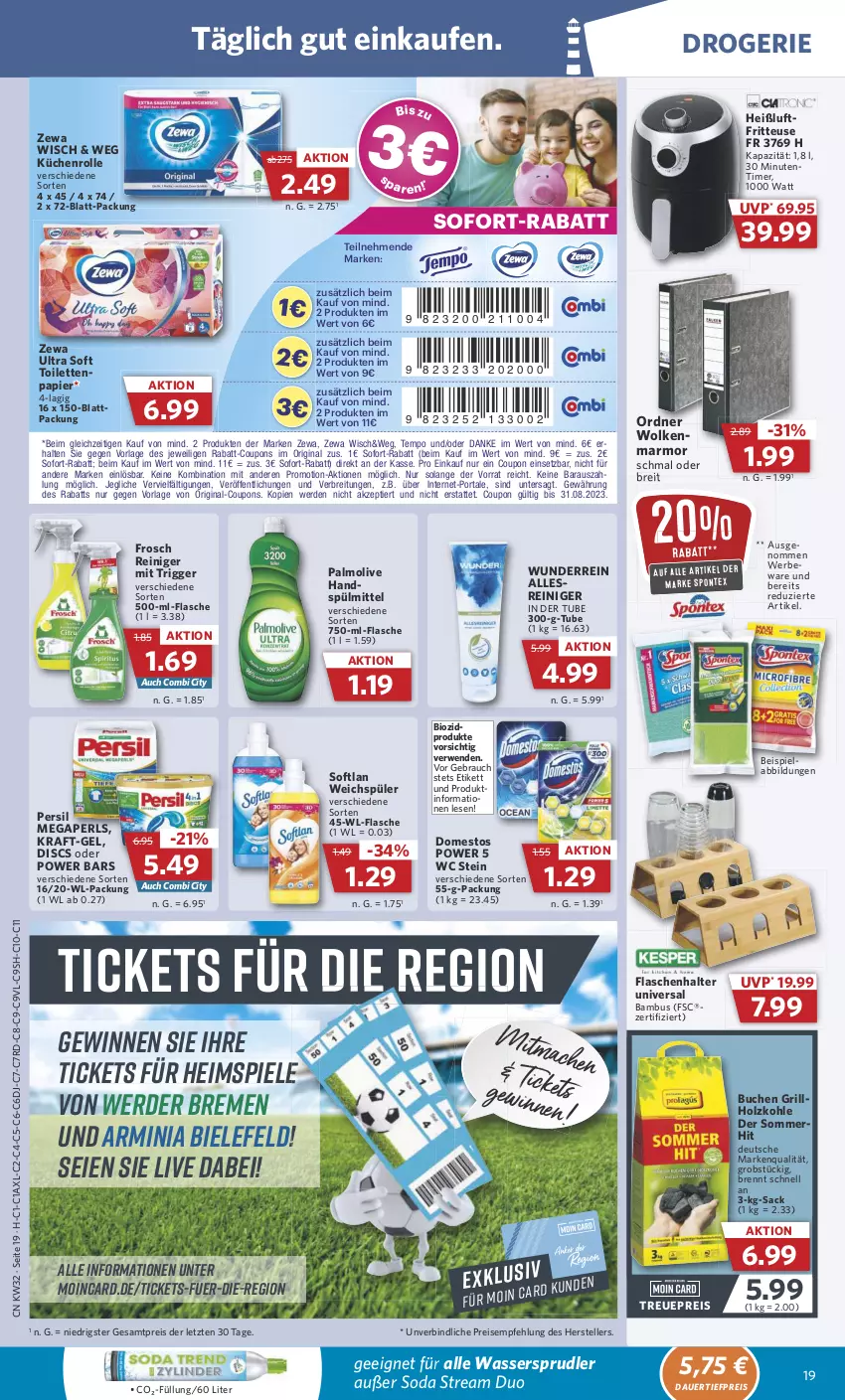 Aktueller Prospekt Combi - Prospekte - von 07.08 bis 12.08.2023 - strona 19 - produkty: auer, bambus, beispielabbildung, bio, biozidprodukte, Brei, buch, coupon, coupons, dauertiefpreis, domestos, eis, elle, erde, flasche, fritteuse, Frosch, gin, grill, grillholzkohle, Heißluftfritteuse, Holz, holzkohle, kraft, küche, Küchen, küchenrolle, lebensmittel, megaperls, obst, olive, ordner, palmolive, papier, persil, rabatt-coupon, Rauch, reiniger, reis, rwe, sac, Soda, sofort-rabatt, Softlan, Spiele, spülmittel, teller, Tempo, Ti, tiefpreis, timer, toilettenpapier, wasser, wassersprudler, weichspüler, zewa, ZTE