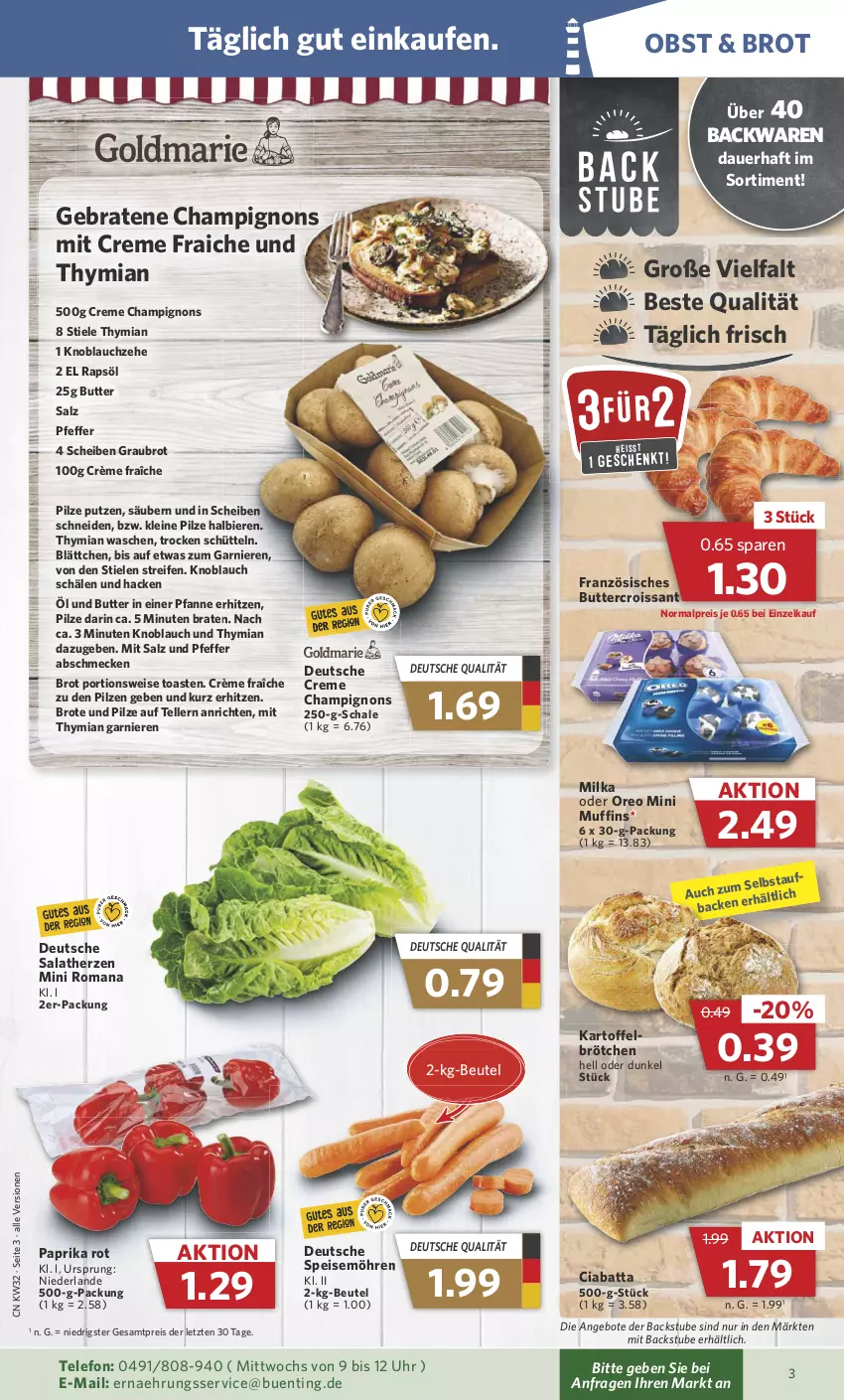 Aktueller Prospekt Combi - Prospekte - von 07.08 bis 12.08.2023 - strona 3 - produkty: angebot, angebote, Anrichte, auer, backwaren, beutel, bier, Biere, braten, brot, brötchen, butter, champignon, champignons, ciabatta, creme, crème fraîche, Croissant, eis, elle, garnier, kartoffel, knoblauch, leine, milka, möhren, Muffin, muffins, obst, oreo, paprika, paprika rot, pfanne, pfeffer, pilze, rapsöl, reifen, reis, salat, salatherzen, salz, Schal, Schale, speisemöhren, stube, telefon, teller, Ti, toast, uhr, ZTE