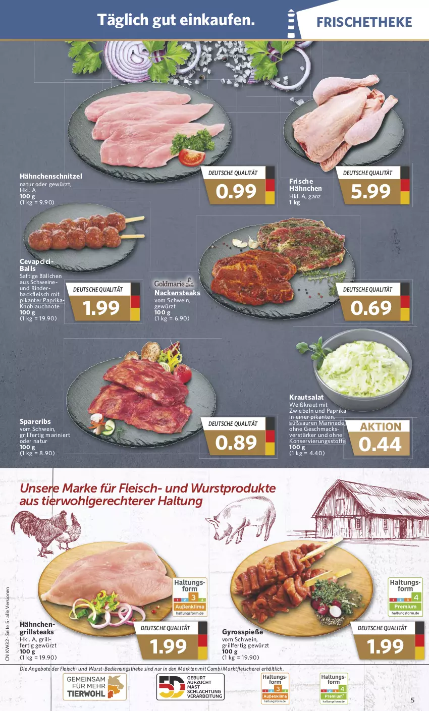 Aktueller Prospekt Combi - Prospekte - von 07.08 bis 12.08.2023 - strona 5 - produkty: angebot, angebote, ball, cevapcici, eis, fleisch, Fleischerei, Frische Hähnchen, gewürz, grill, gyros, hackfleisch, Hähnchenschnitzel, knoblauch, Kraut, krautsalat, LG, mac, marinade, mit zwiebeln, Nackensteak, nackensteaks, natur, paprika, rind, rinder, rinderhackfleisch, saft, salat, Schere, schnitzel, schwein, schweine, spareribs, steak, steaks, Ti, wein, weine, wurst, zwiebel, zwiebeln