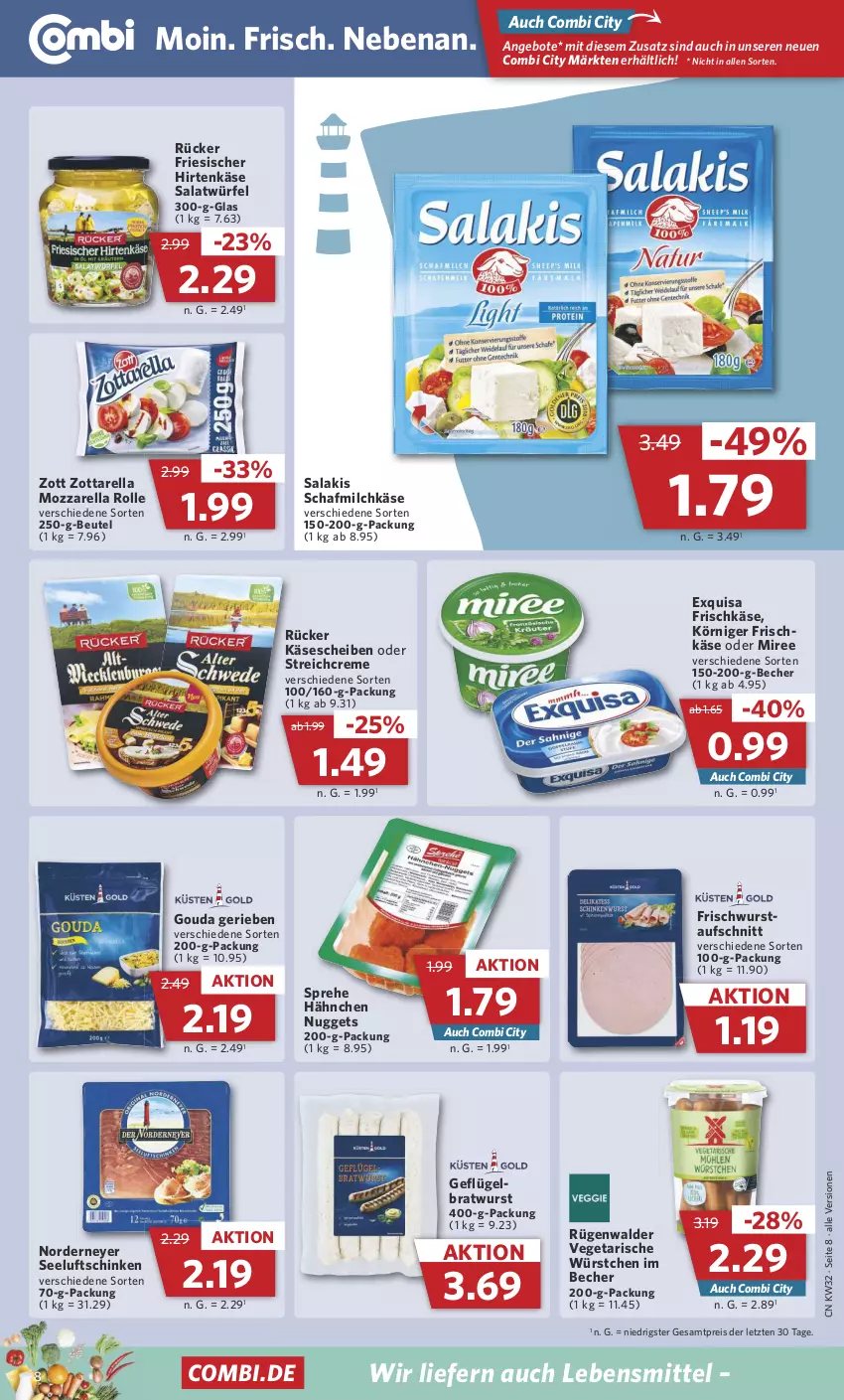 Aktueller Prospekt Combi - Prospekte - von 07.08 bis 12.08.2023 - strona 8 - produkty: angebot, angebote, aufschnitt, Becher, beutel, bratwurst, creme, eis, exquisa, exquisa frischkäse, friesischer hirtenkäse, frischkäse, Geflügel, gouda, hirtenkäse, Käse, käsescheiben, Körniger Frischkäse, lebensmittel, milch, miree, mozzarella, mozzarella rolle, nuggets, reis, rel, rügenwalder, salakis, salat, Salatwürfel, schinken, Seeluftschinken, Ti, Vegeta, würfel, wurst, würstchen, zott, zottarella, ZTE