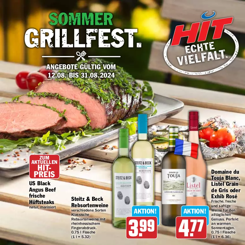 Aktueller Prospekt Hit - Grillbroschüre - von 12.08 bis 31.08.2024 - strona 1 - produkty: angebot, angebote, beef, eis, elle, flasche, hüftsteak, hüftsteaks, lack, natur, nuss, rebsortenweine, reis, saft, steak, steaks, Ti, wein, weine