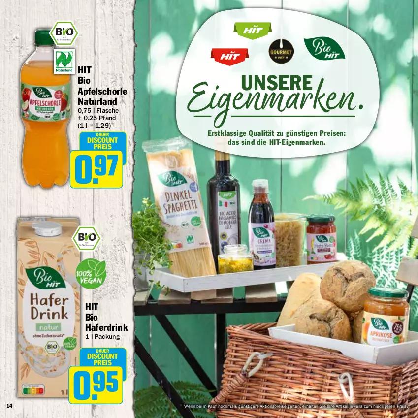 Aktueller Prospekt Hit - Grillbroschüre - von 12.08 bis 31.08.2024 - strona 14 - produkty: aktionspreis, apfel, Apfelschorle, auer, bio, discount, drink, eis, flasche, hafer, Haferdrink, natur, naturland, reis, schorle, Ti