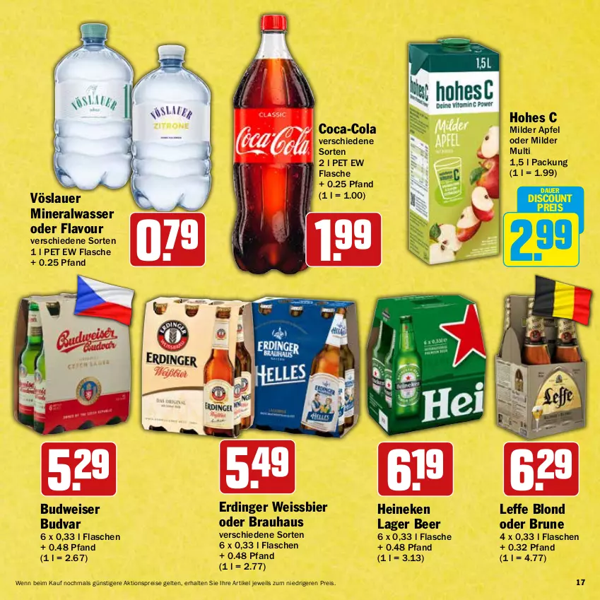 Aktueller Prospekt Hit - Grillbroschüre - von 12.08 bis 31.08.2024 - strona 17 - produkty: aktionspreis, Alwa, apfel, auer, bier, budweiser, coca-cola, cola, discount, eis, erdinger, flasche, heineken, Hohes C, mineralwasser, reis, Ti, vöslauer, wasser, weissbier