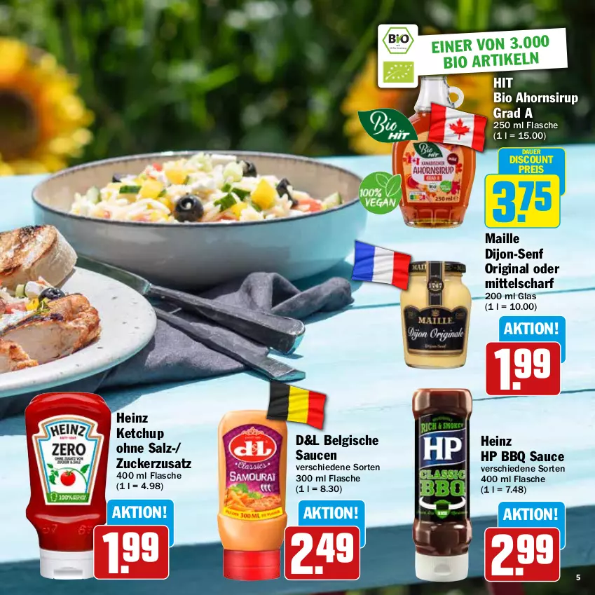 Aktueller Prospekt Hit - Grillbroschüre - von 12.08 bis 31.08.2024 - strona 5 - produkty: auer, bio, dijon-senf, discount, eis, flasche, gin, heinz, HP, ketchup, LG, maille, reis, salz, sauce, saucen, senf, sirup, Ti, zucker