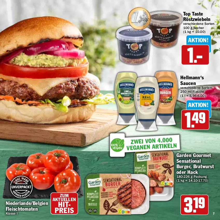 Aktueller Prospekt Hit - Grillbroschüre - von 12.08 bis 31.08.2024 - strona 7 - produkty: Becher, bratwurst, burger, eis, elle, flasche, fleisch, garden gourmet, LG, reis, röstzwiebeln, sauce, saucen, Ti, tomate, tomaten, wurst, zwiebel, zwiebeln