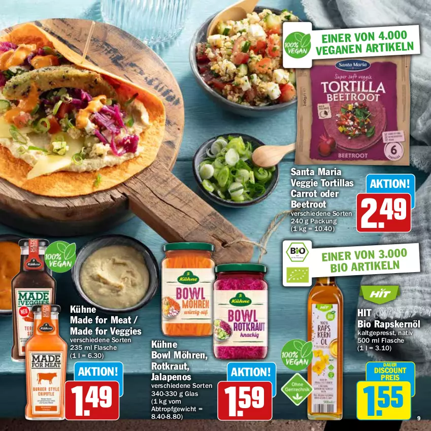 Aktueller Prospekt Hit - Grillbroschüre - von 12.08 bis 31.08.2024 - strona 9 - produkty: auer, bio, discount, eis, flasche, Kraut, Kühne, möhren, reis, Ria, Ti, tortilla, tortillas, veggie