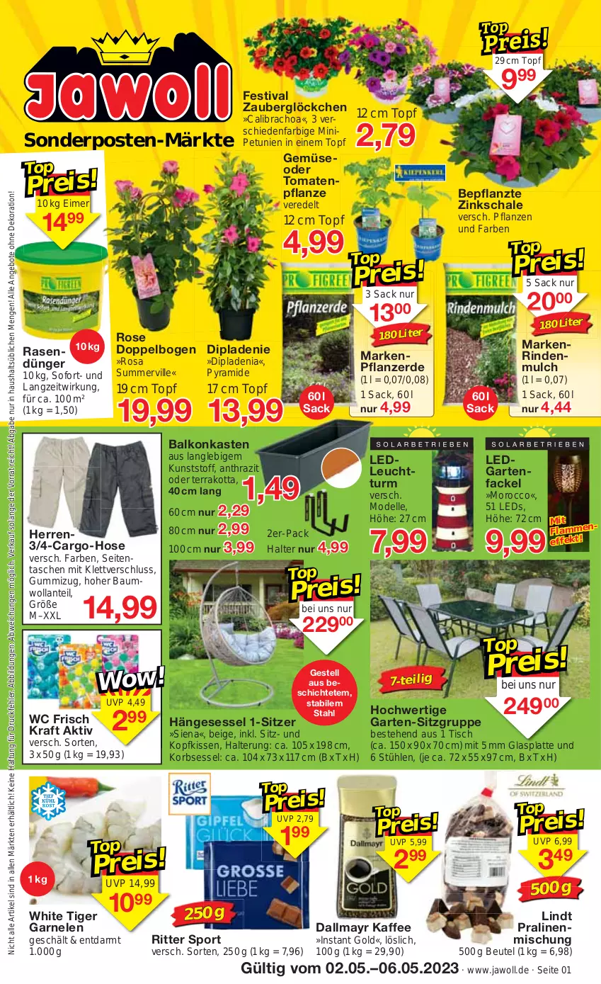 Aktueller Prospekt Jawoll - Prospekte - von 02.05 bis 06.05.2023 - strona 1 - produkty: angebot, angebote, Bau, beutel, calibrachoa, dallmayr, dekoration, dell, dip, dipladenia, dünger, eimer, eis, elle, erde, garnelen, Garten, Gartenfackel, glasplatte, hängesessel, hose, kaffee, kissen, kopfkissen, korb, kraft, lamm, latte, leds, lindt, Mode, petunie, petunien, pflanze, pflanzen, pflanzerde, pralinen, rasen, rind, rindenmulch, ritter, ritter sport, sac, Schal, Schale, sessel, siena, sonderposten, Sport, Stühl, Tasche, taschen, Ti, tisch, tomate, tomaten, topf, wc frisch, WC Frisch Kraft Aktiv, zauberglöckchen, ZTE