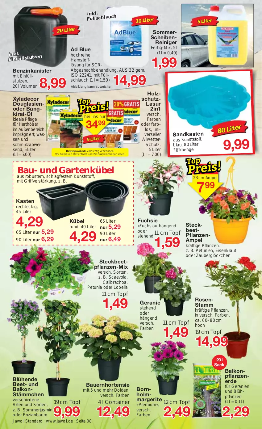 Aktueller Prospekt Jawoll - Prospekte - von 02.05 bis 06.05.2023 - strona 12 - produkty: auer, balkonpflanzen, Bau, Bauer, beetpflanzen, benzinkanister, bio, biozidprodukte, calibrachoa, Container, decor, eis, elle, erde, Garten, geranie, geranien, Holz, holzschutz, hortensie, HP, Kraut, lasur 2in1, ndk, petunie, petunien, pflanze, pflanzen, Rauch, reiniger, rosen, sac, Sandkasten, Scheibenreiniger, schlauch, Ti, topf, wasser, zauberglöckchen