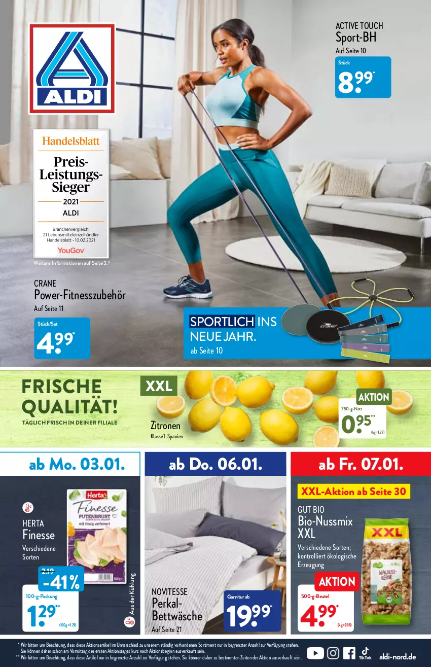 Aktueller Prospekt Aldi Nord - Aldi-Vorschau - von 03.01 bis 08.01.2022 - strona 1 - produkty: active touch, aldi, bett, bettwäsche, beutel, bio, finesse, garnitur, gin, herta, herta finesse, nuss, Nussmix, Sport, Ti, trolli, zitrone, zitronen, ZTE