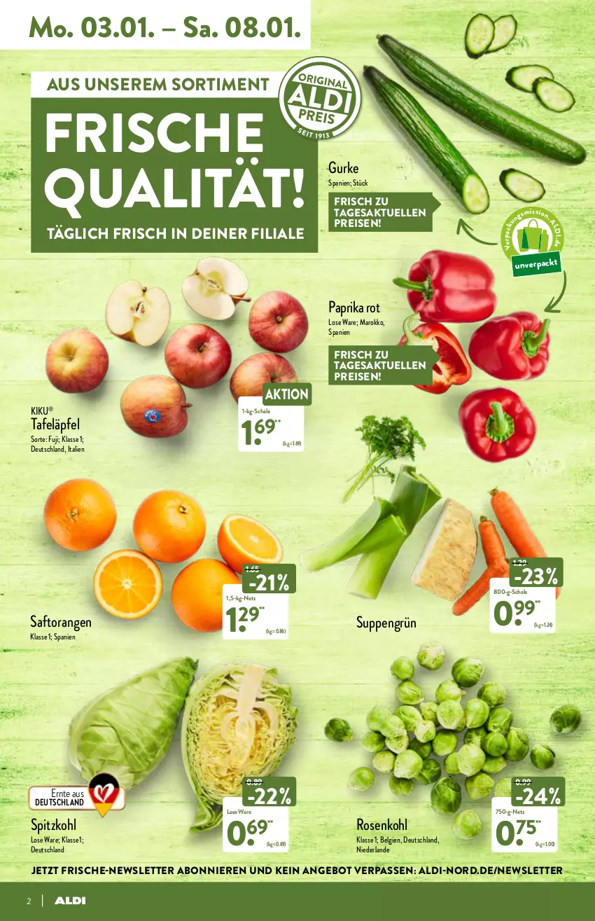 Aktueller Prospekt Aldi Nord - Aldi-Vorschau - von 03.01 bis 08.01.2022 - strona 2 - produkty: aldi, angebot, eis, elle, gurke, LG, orange, orangen, paprika, paprika rot, reis, rosen, Rosenkohl, saft, Saftorangen, Schal, Schale, spitzkohl, suppe, suppen, tafeläpfel, Ti