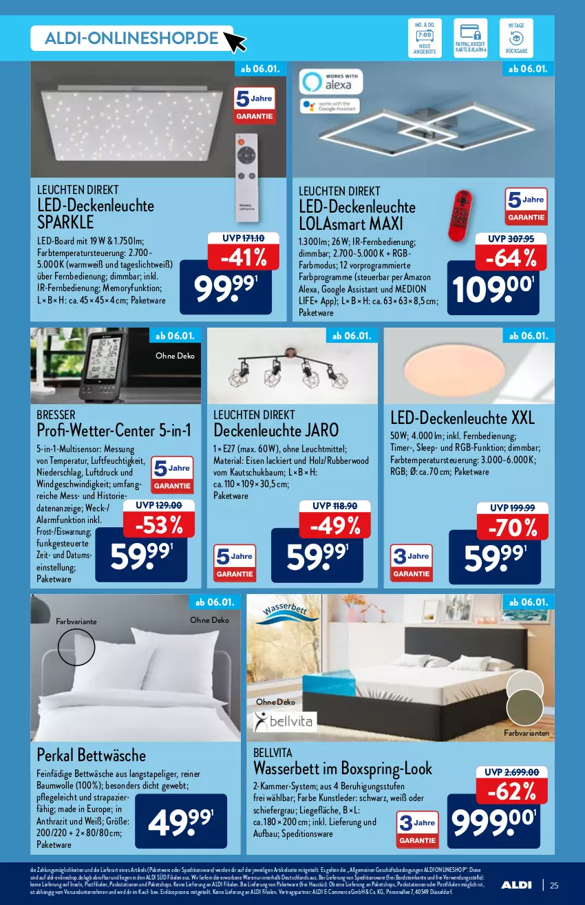 Aktueller Prospekt Aldi Nord - Aldi-Vorschau - von 03.01 bis 08.01.2022 - strona 25 - produkty: aldi, alexa, amazon alexa, angebot, angebote, aust, Bau, baumwolle, bett, bettwäsche, decke, deckenleuchte, eis, elle, ente, erde, fernbedienung, Holz, lack, led-deckenleuchte, Leuchte, leuchten, leuchtmittel, LG, Liege, medion, Ria, ring, rwe, Ti, timer, vita, wasser, weck, wolle