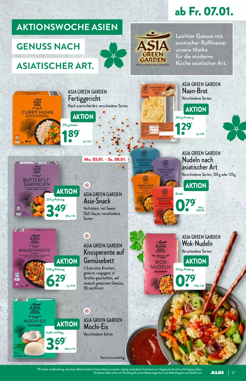 Aktueller Prospekt Aldi Nord - Aldi-Vorschau - von 03.01 bis 08.01.2022 - strona 27 - produkty: Asia Green Garden, bett, beutel, brot, chili, eis, ente, fertiggericht, finesse, gewürz, gin, küche, Mochi, Mode, nudel, nudeln, nuss, reifen, sauce, Schal, Schale, schnitten, snack, Ti, tisch, wok, ZTE