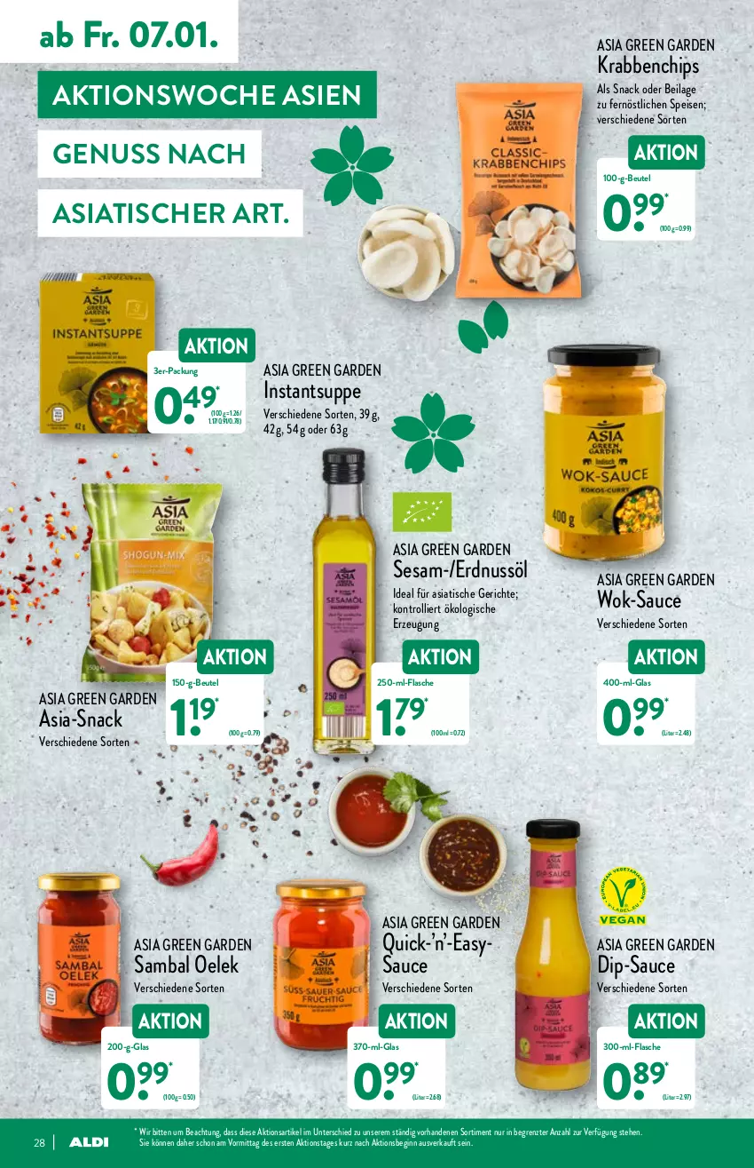 Aktueller Prospekt Aldi Nord - Aldi-Vorschau - von 03.01 bis 08.01.2022 - strona 28 - produkty: Asia Green Garden, beutel, chips, dip, eis, erdnuss, flasche, gin, ilag, nuss, Sambal Oelek, sauce, sesam, snack, suppe, Ti, tisch, trolli, wok, ZTE