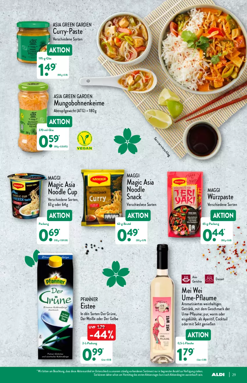 Aktueller Prospekt Aldi Nord - Aldi-Vorschau - von 03.01 bis 08.01.2022 - strona 29 - produkty: aperitif, Asia Green Garden, beutel, bohne, bohnen, cocktail, curry, dessert, eis, eistee, flasche, getränk, gin, mac, maggi, pfanne, Pfanner, pflaume, sekt, snack, tee, Ti, wein, ZTE