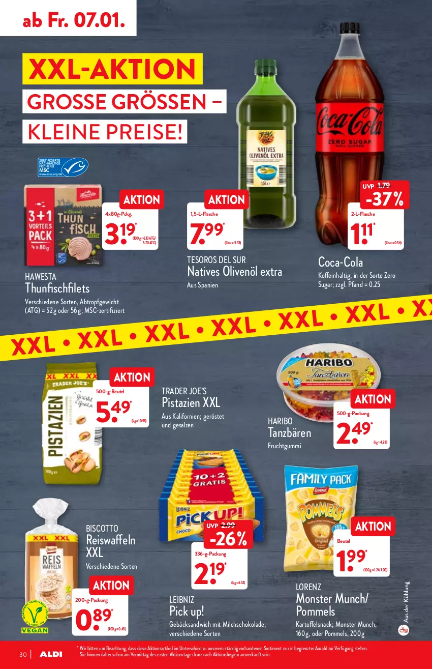 Aktueller Prospekt Aldi Nord - Aldi-Vorschau - von 03.01 bis 08.01.2022 - strona 30 - produkty: beutel, biscotto, coca-cola, cola, eis, eiswaffeln, filet, filets, fisch, flasche, frucht, fruchtgummi, gin, haribo, hawesta, kartoffel, leibniz, leine, lorenz, milch, monster, natives olivenöl, olive, oliven, olivenöl, olivenöl extra, Pick Up!, pistazien, Pommels, reis, Reiswaffeln, salz, sandwich, schoko, schokolade, snack, thunfisch, Ti, waffeln, ZTE