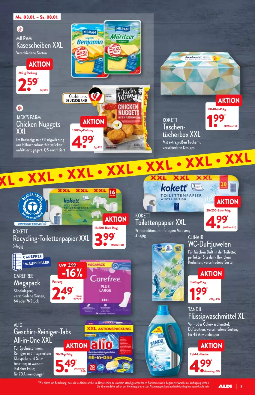 Aktueller Prospekt Aldi Nord - Aldi-Vorschau - von 03.01 bis 08.01.2022 - strona 31 - produkty: brustfilet, carefree, chicken nuggets, Clin, colorwaschmittel, elle, filet, filets, flasche, geschirr, gin, Käse, käsescheiben, klarspüler, Körbchen, milram, nuggets, papier, reiniger, salz, slip, slipeinlagen, spülmaschinen, Tasche, taschen, teller, Ti, toilettenpapier, tücher, waschmittel, wasser, ZTE