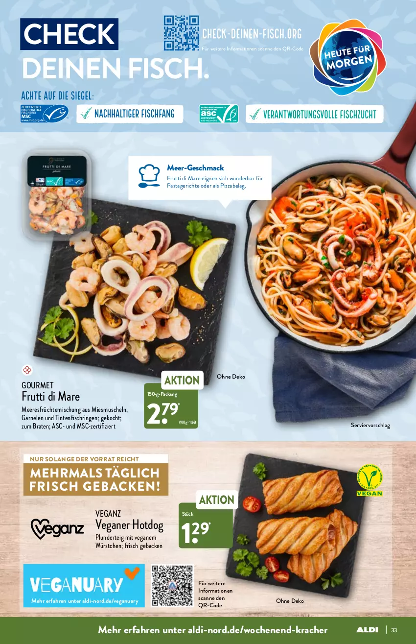 Aktueller Prospekt Aldi Nord - Aldi-Vorschau - von 03.01 bis 08.01.2022 - strona 33 - produkty: aldi, braten, fisch, früchte, frutti di mare, garnelen, geback, kracher, mac, meeresfrüchte, Muscheln, pasta, Pastagericht, pizza, Plunder, ring, Ti, Tintenfischringe, würstchen