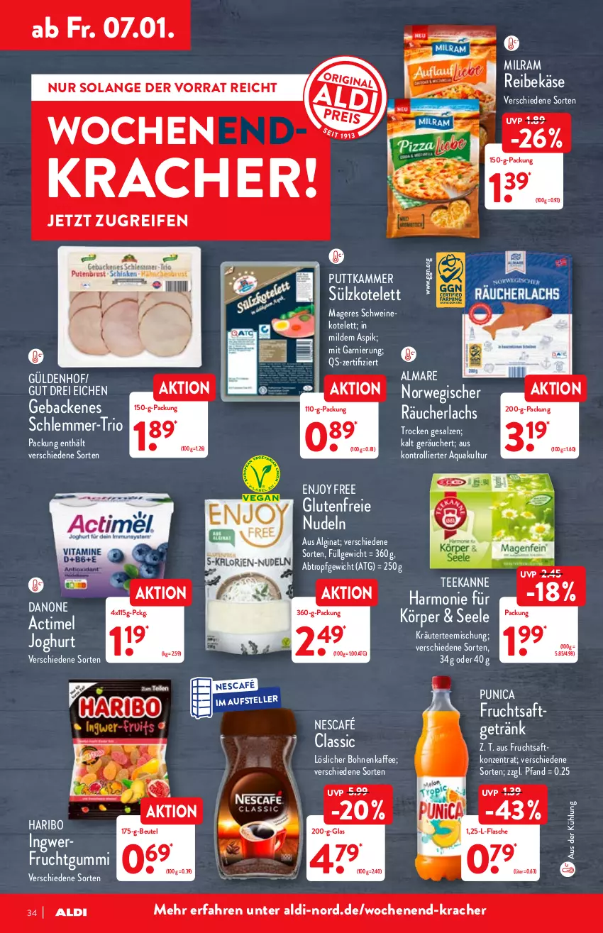 Aktueller Prospekt Aldi Nord - Aldi-Vorschau - von 03.01 bis 08.01.2022 - strona 34 - produkty: actimel, aldi, almare, aqua, beutel, bohne, bohnen, bohnenkaffee, danone, elle, flasche, frucht, fruchtgummi, fruchtsaft, garnier, geback, getränk, gin, haribo, ingwer, joghur, joghurt, kaffee, Käse, kotelett, kracher, kräuter, lachs, LG, löslicher bohnenkaffee, milram, Nescafé, nudel, nudeln, punica, Räucherlachs, Reibekäse, reifen, rwe, saft, salz, schwein, schweine, tee, teekanne, teller, Ti, trolli, wein, weine