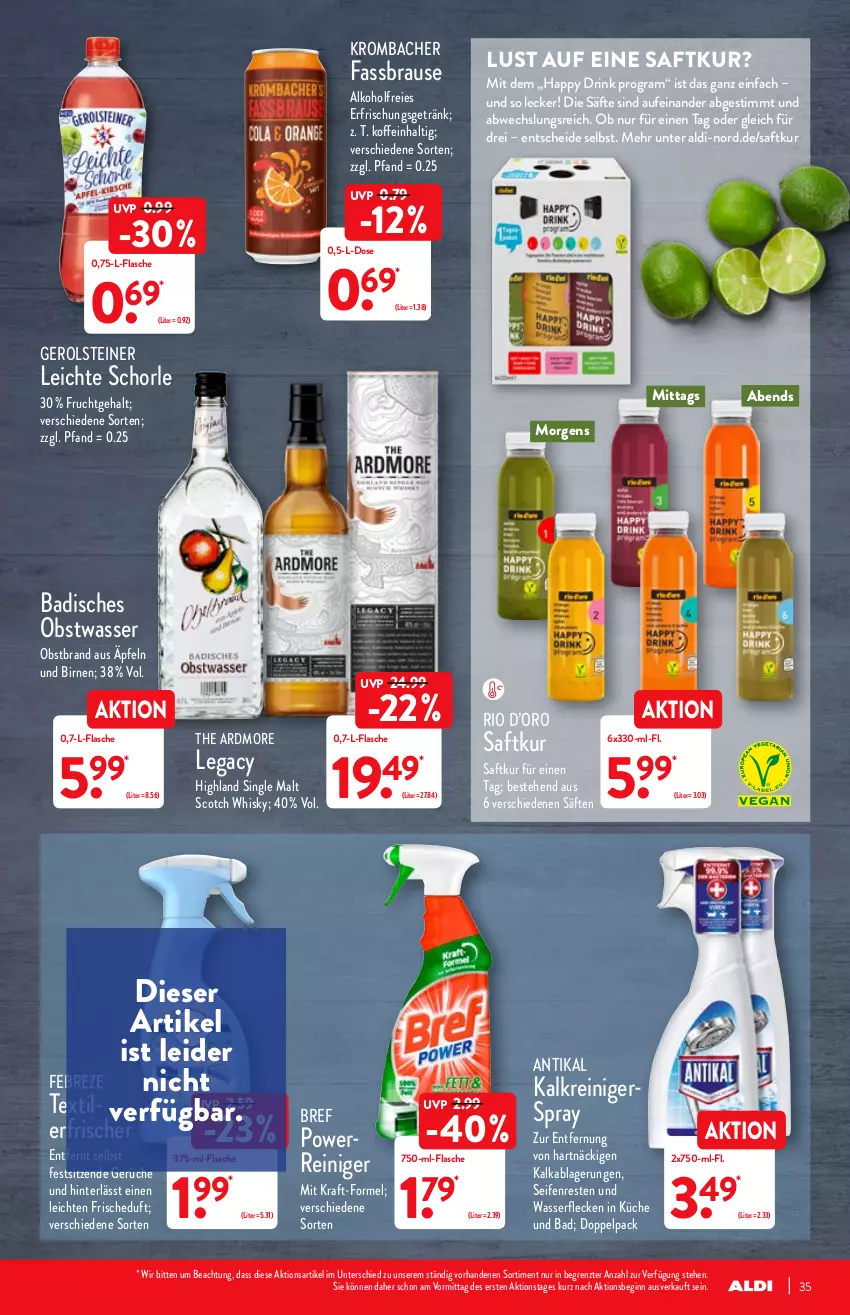 Aktueller Prospekt Aldi Nord - Aldi-Vorschau - von 03.01 bis 08.01.2022 - strona 35 - produkty: aldi, alkohol, Bad, Birnen, brause, Bref, bref power, drink, erfrischungsgetränk, fassbrause, febreze, flasche, frucht, gerolsteine, gerolsteiner, getränk, gin, kraft, krombache, krombacher, küche, obst, Obstbrand, reiniger, saft, säfte, schorle, scotch, scotch whisky, Seife, single malt, steiner, Ti, wasser, whisky, ZTE