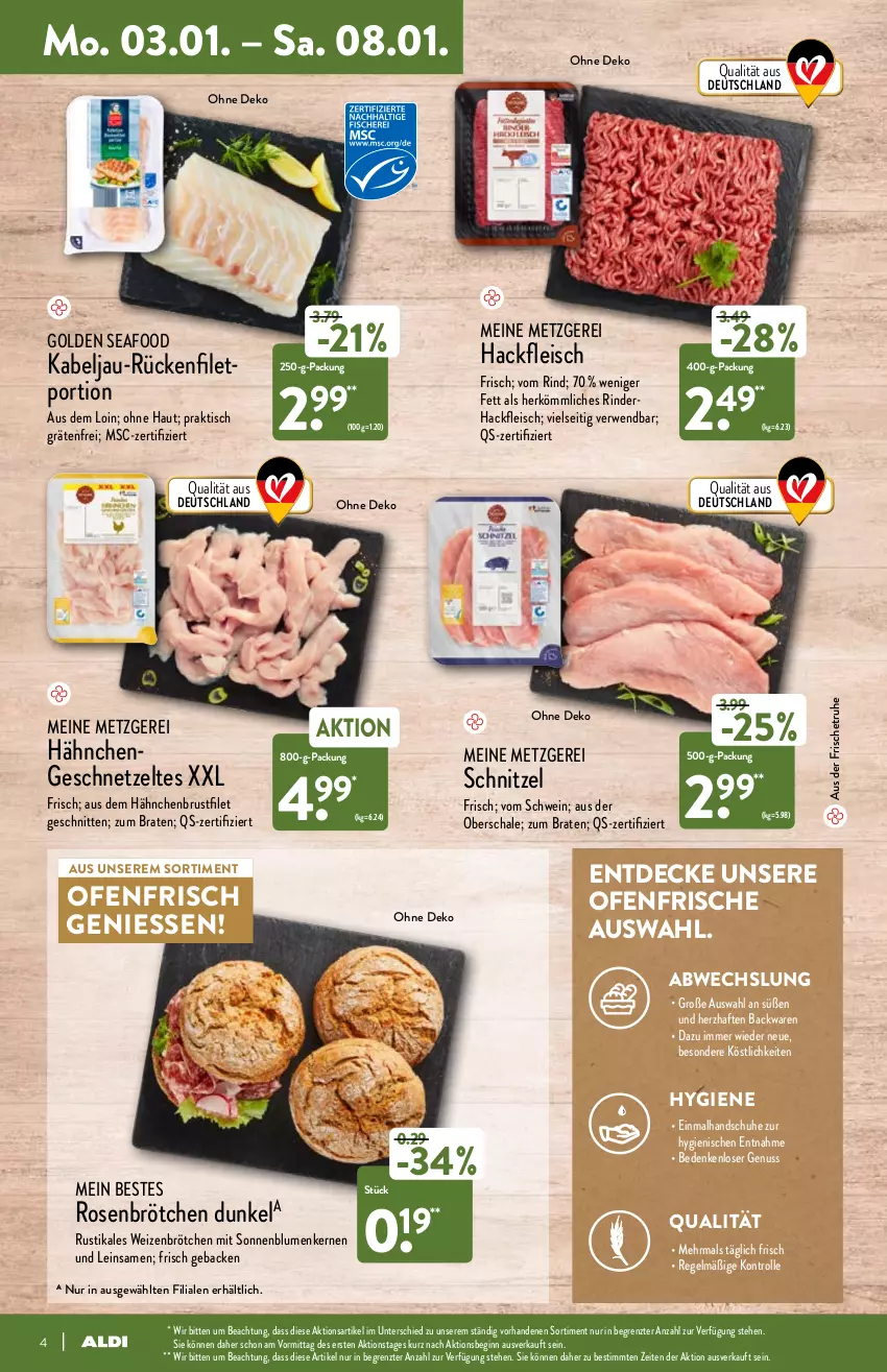 Aktueller Prospekt Aldi Nord - Aldi-Vorschau - von 03.01 bis 08.01.2022 - strona 4 - produkty: backwaren, blume, blumen, braten, brötchen, brustfilet, decke, eis, filet, fleisch, geback, geschnetzeltes, gin, hackfleisch, hähnchenbrust, hähnchenbrustfilet, Hähnchengeschnetzeltes, handschuhe, nuss, Ofen, rind, rinder, rinderhackfleisch, rosen, rwe, Schal, Schale, schnitten, schnitzel, schuhe, schwein, sonnenblume, sonnenblumen, Sonnenblumenkerne, sonnenblumenkernen, Ti, tisch, wein, weizenbrötchen, Zelt, ZTE