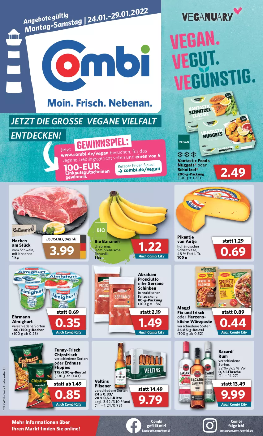 Aktueller Prospekt Combi - Prospekte - von 24.01 bis 29.01.2022 - strona 1 - produkty: almighur, almighurt, asti, banane, bananen, Becher, beutel, bio, chips, chipsfrisch, decke, ehrmann, ehrmann almighurt, erdnuss, flasche, flippies, funny-frisch, gewinnspiel, gutschein, gutscheine, holländischer schnittkäse, Käse, küche, LG, maggi, maggi fix, nuggets, nuss, pils, pilsener, prosciutto, rezept, rezepte, rum, schinken, schnittkäse, schnitzel, schwein, serrano, serrano schinken, Ti, tisch, veltins, veltins pilsener, wein