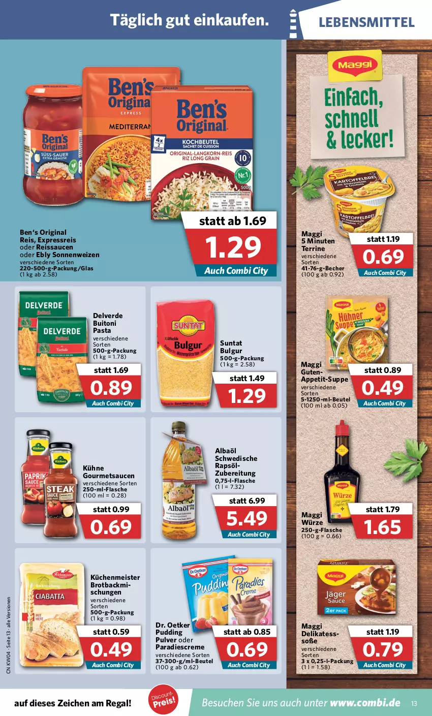 Aktueller Prospekt Combi - Prospekte - von 24.01 bis 29.01.2022 - strona 13 - produkty: backmischung, Backmischungen, Becher, beutel, brot, Brotbackmischungen, buitoni, buitoni pasta, bulgur, creme, Dr. Oetker, eis, erde, flasche, gin, küche, Küchen, Kühne, lebensmittel, LG, maggi, maggi würze, Meister, pasta, pudding, rapsöl, regal, reis, reiss, sauce, saucen, suppe, terrine, Ti