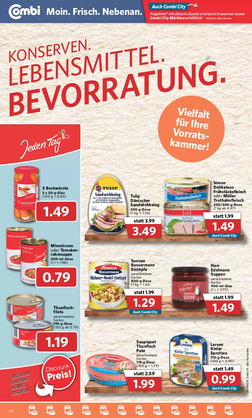 Aktueller Prospekt Combi - Prospekte - von 24.01 bis 29.01.2022 - strona 14 - produkty: angebot, angebote, eintöpfe, eis, filet, filets, fisch, fleisch, Müller, sandwich, saupiquet, sim, Sprotten, suppe, suppen, thunfisch, tomate, tomaten, truthahn, tulip