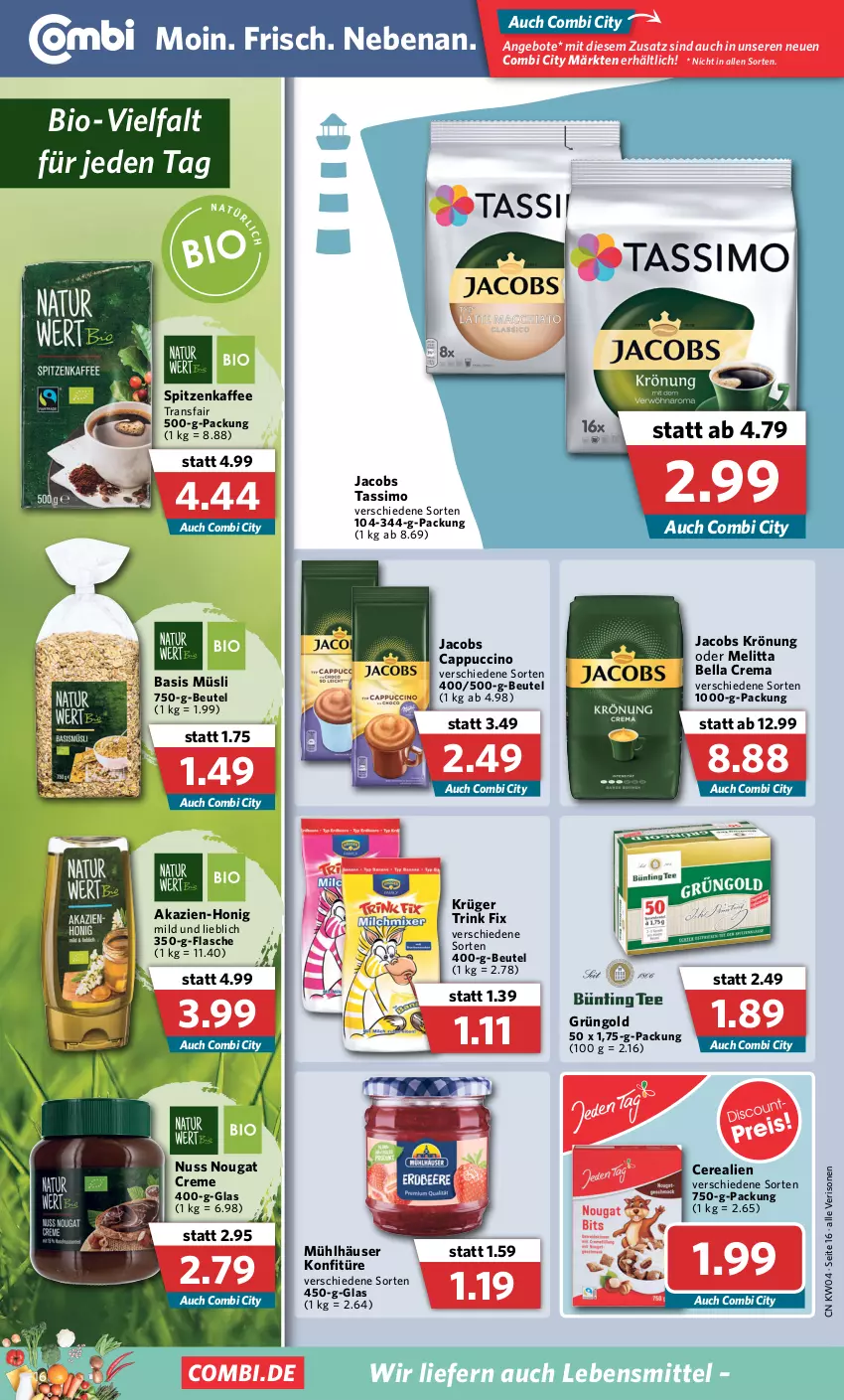 Aktueller Prospekt Combi - Prospekte - von 24.01 bis 29.01.2022 - strona 16 - produkty: angebot, angebote, basis müsli, bella crema, beutel, bio, Cap, cappuccino, cerealien, cin, creme, flasche, honig, jacobs, jacobs krönung, jacobs tassimo, kaffee, konfitüre, krüger, lebensmittel, melitta, mühlhäuser, müsli, nougat creme, nuss, sim, tassimo