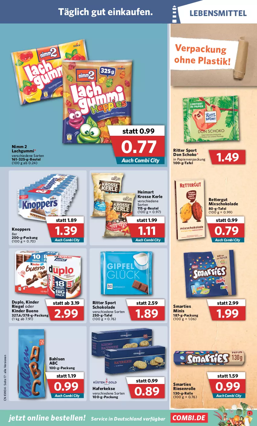 Aktueller Prospekt Combi - Prospekte - von 24.01 bis 29.01.2022 - strona 17 - produkty: asti, bahlsen, beutel, duplo, elle, hafer, keks, kekse, Kinder, kinder bueno, kinder riegel, knoppers, lachgummi, lebensmittel, Nimm 2, papier, riegel, ritter, ritter sport, schoko, schokolade, smarties, Sport, Ti