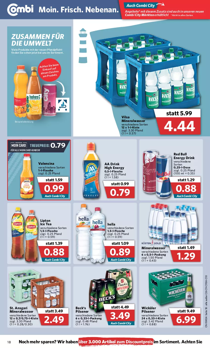 Aktueller Prospekt Combi - Prospekte - von 24.01 bis 29.01.2022 - strona 18 - produkty: Alwa, angebot, angebote, beispielabbildung, discount, drink, eis, energy drink, flasche, hella, ice tea, lipton, lipton ice tea, mineralwasser, pils, pilsener, red bull, reis, Ti, valensina, vilsa, wasser, WICK