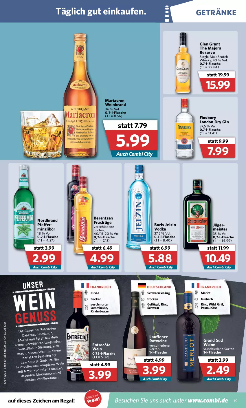 Aktueller Prospekt Combi - Prospekte - von 24.01 bis 29.01.2022 - strona 19 - produkty: berentzen, Boris Jelzin, braten, cabernet, cuvée, dry gin, eis, ente, entrecôte, finsbury, flasche, frucht, früchte, früchten, Geflügel, getränk, getränke, gin, Glen Grant, grand sud, grill, jelzin, Käse, kraft, lamm, lammkeule, likör, london dry, london dry gin, mac, mariacron, Meister, merl, merlot, nordbrand, pasta, pfeffer, pfefferminzlikör, regal, Ria, riesling, rind, rinder, rinderbraten, rotwein, schwarzriesling, schwein, scotch, scotch whisky, single malt, Ti, vodka, wein, weinbrand, weine, whisky, Wild