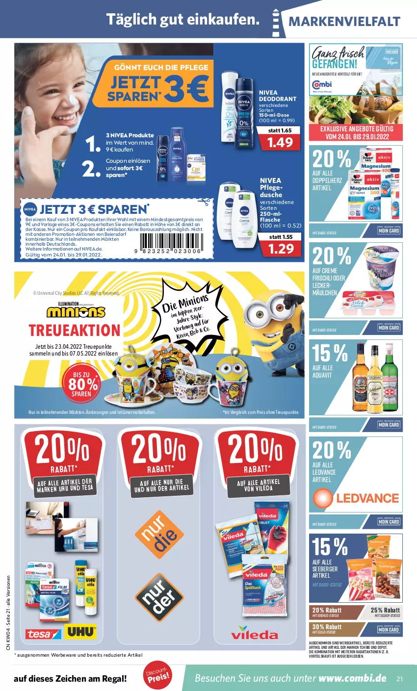 Aktueller Prospekt Combi - Prospekte - von 24.01 bis 29.01.2022 - strona 21 - produkty: angebot, angebote, aqua, aquavit, Berger, coupon, coupons, creme, deo, deodorant, doppelherz, dusche, eier, eis, flasche, frischli, leckermäulchen, nivea, regal, reis, seeberger, Tchibo, tesa, Ti, uhu, vileda