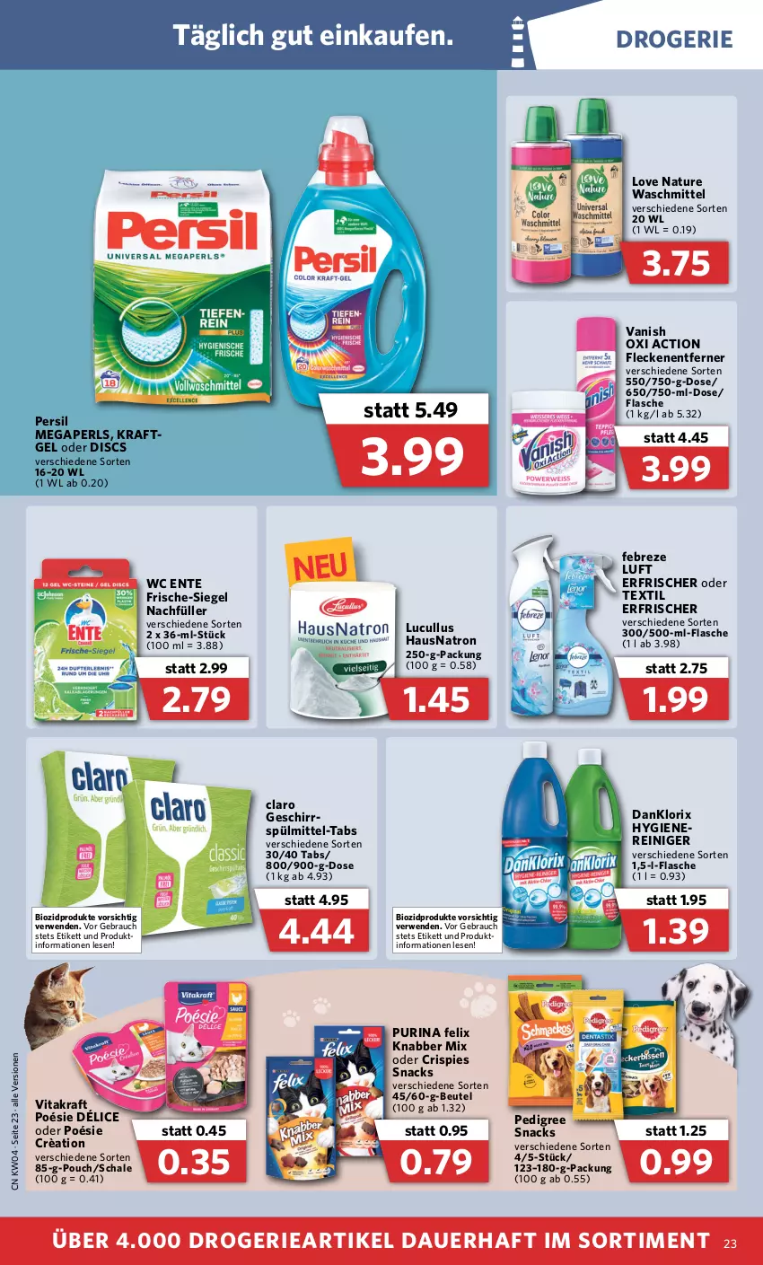 Aktueller Prospekt Combi - Prospekte - von 24.01 bis 29.01.2022 - strona 23 - produkty: auer, beutel, bio, biozidprodukte, danklorix, ente, febreze, felix, flasche, Fleckenentferner, geschirr, kraft, megaperls, natur, oxi action, pedigree, persil, purina, Rauch, reiniger, rwe, Schal, Schale, snack, snacks, spülmittel, Ti, vanish, vanish oxi action, vita, vitakraft, waschmittel, wc ente