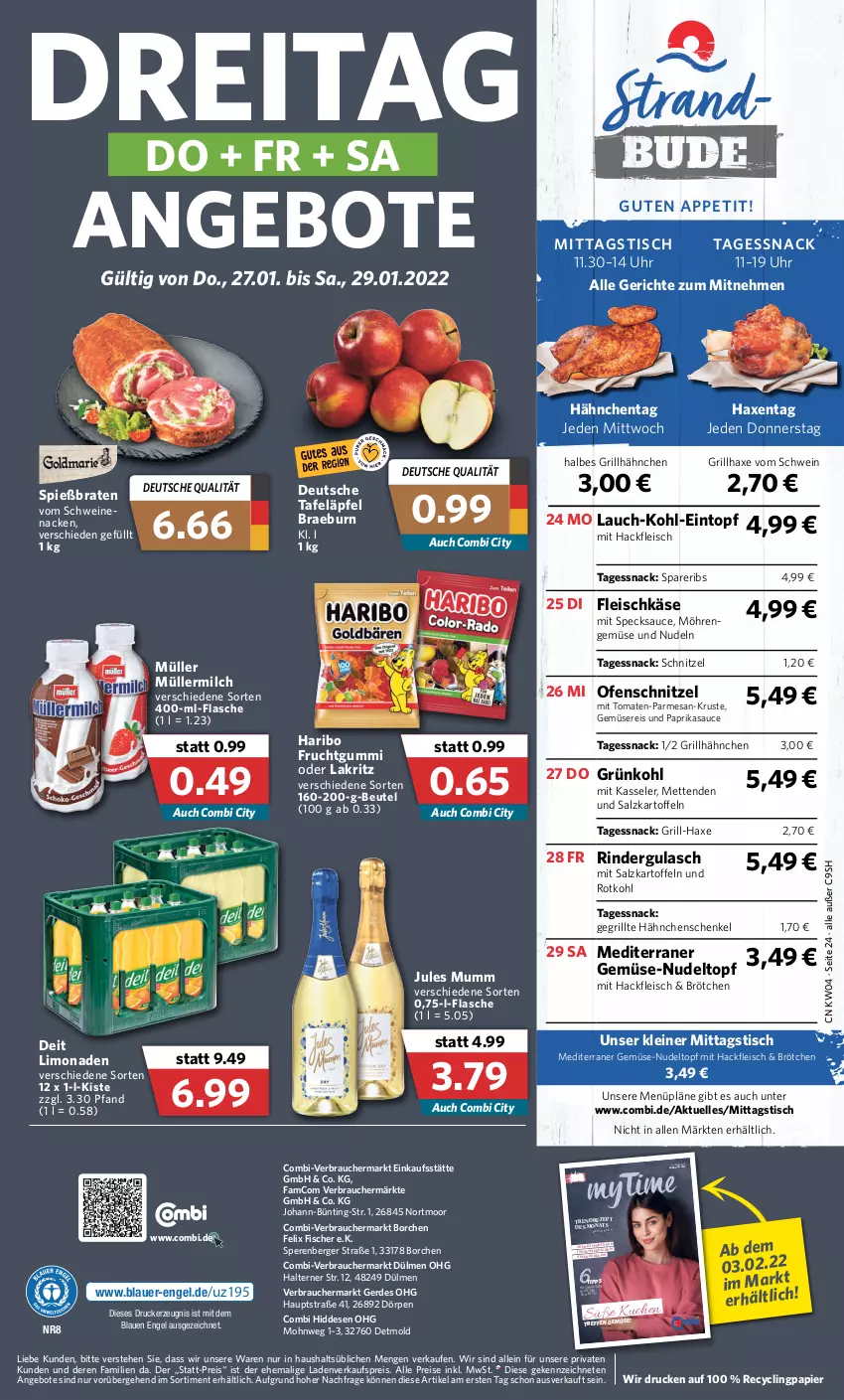 Aktueller Prospekt Combi - Prospekte - von 24.01 bis 29.01.2022 - strona 24 - produkty: angebot, angebote, auer, axe, Berger, beutel, braten, brötchen, Clin, deit, drucker, eintopf, eis, elle, Engel, erde, felix, fisch, fische, Fischer, flasche, fleisch, fleischkäse, frucht, fruchtgummi, Gegrillte Hähnchenschenkel, grill, grillhähnchen, grillhaxe, gulasch, hackfleisch, hähnchenschenkel, haribo, Haxe, henkel, jules mumm, kartoffel, kartoffeln, Käse, kasseler, kerze, kuchen, Lakritz, leine, limo, limonade, limonaden, Mett, metten, Mettenden, milch, möhren, Müller, müllermilch, mumm, nudel, nudeln, oder lakritz, Ofen, papier, paprika, pesto, Rauch, reis, rezept, rind, rinder, rindergulasch, rotkohl, salz, sauce, schenkel, schnitzel, schwein, schweine, snack, spareribs, Speck, tafeläpfel, Ti, tisch, tomate, tomaten, topf, uhr, wein, weine