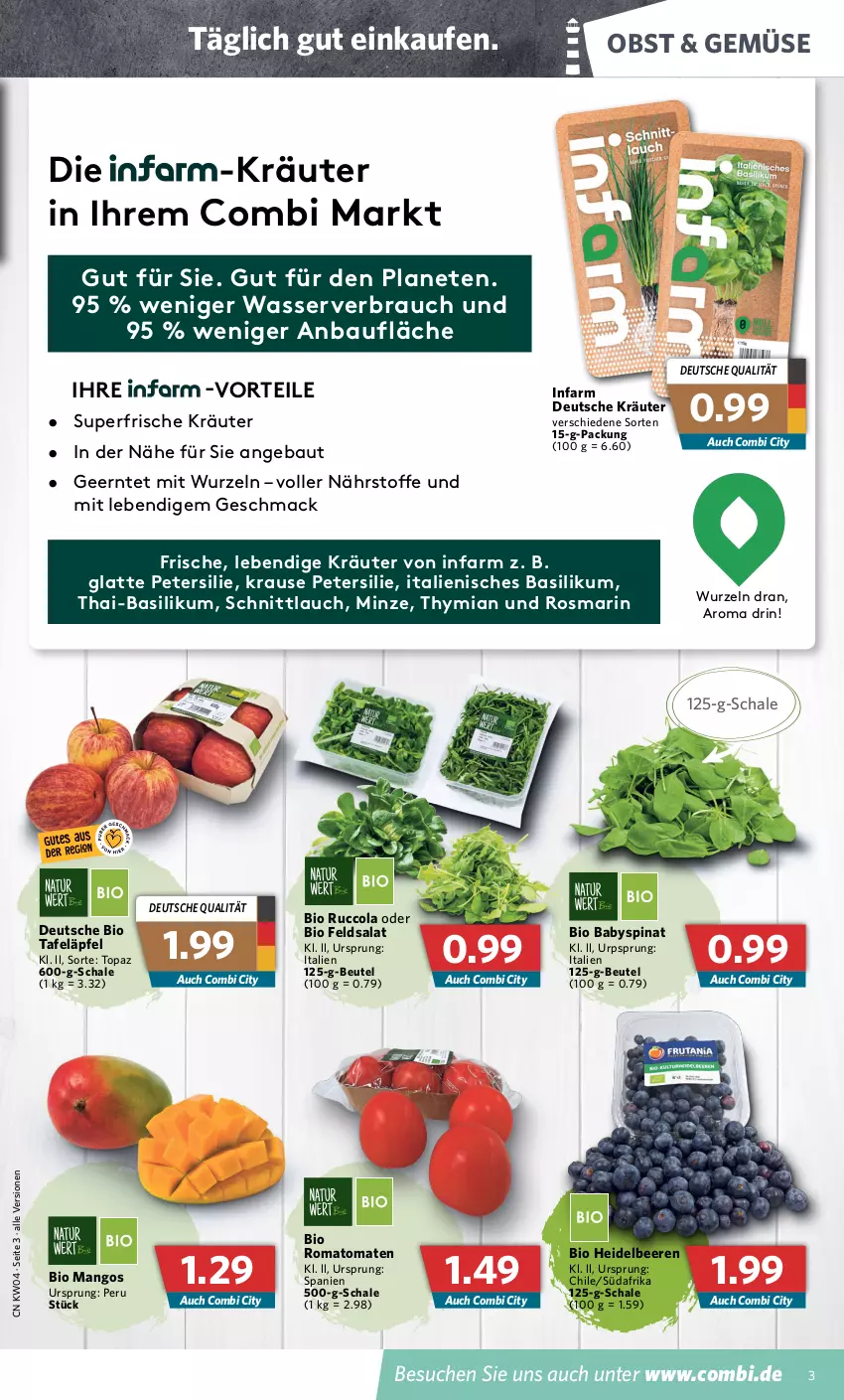 Aktueller Prospekt Combi - Prospekte - von 24.01 bis 29.01.2022 - strona 3 - produkty: Babyspinat, basilikum, Bau, beere, beeren, beutel, bio, cola, feldsalat, heidelbeere, heidelbeeren, kräuter, latte, mac, mango, mangos, minze, obst, petersilie, Rauch, Romatomaten, rosmarin, salat, Schal, Schale, schnittlauch, spinat, tafeläpfel, tomate, tomaten, wasser