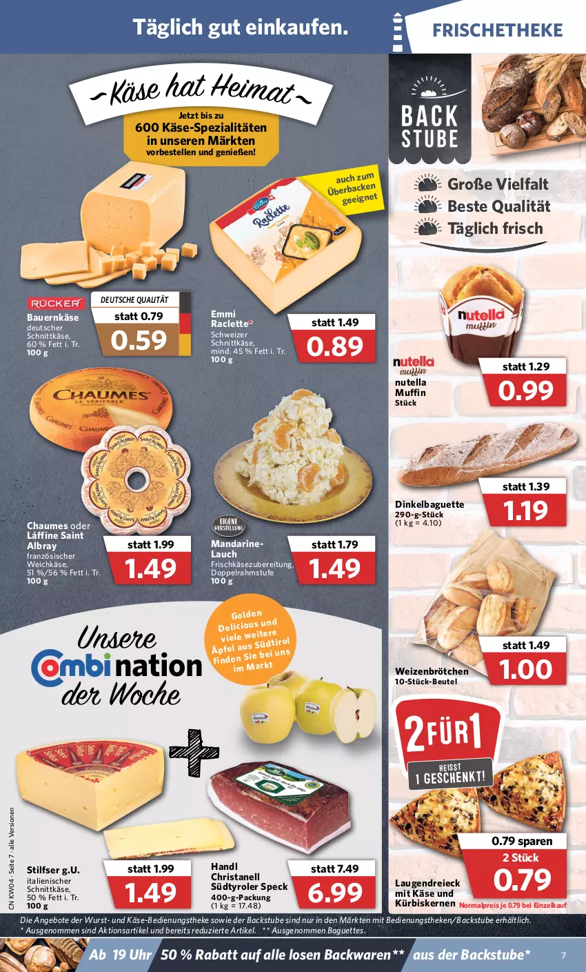 Aktueller Prospekt Combi - Prospekte - von 24.01 bis 29.01.2022 - strona 7 - produkty: albray, angebot, angebote, auer, backwaren, baguette, baguettes, Bau, Bauer, beutel, brötchen, chaumes, deutscher schnittkäse, doppelrahmstufe, eis, elle, emmi, französischer weichkäse, frischkäse, frischkäsezubereitung, Käse, Kürbis, kürbiskerne, mandarine, Muffin, nutella, reis, saint albray, schnittkäse, schweizer schnittkäse, Speck, Spezi, stube, Ti, uhr, weichkäse, weizenbrötchen, wurst