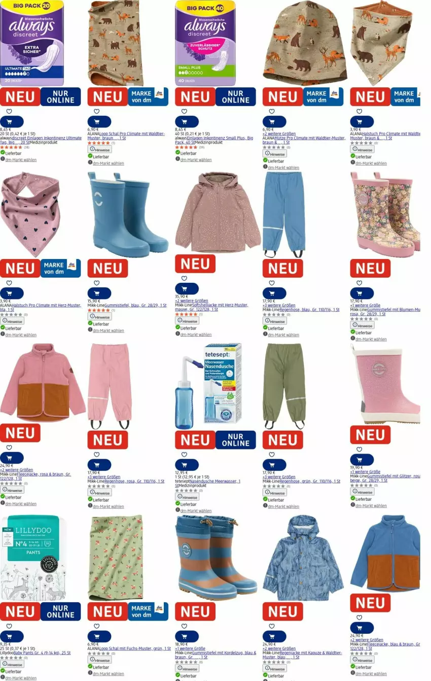 Aktueller Prospekt Dm Drogerie - Prospekte - von 21.07 bis 30.07.2025 - strona 13 - produkty: Alwa, Always, blume, blumen, braun, Discreet, dusche, eis, Fleecejacke, Gummistiefel, hose, Jacke, medizinprodukt, Mütze, Nasendusche, Pants, Schal, Ti, tuc