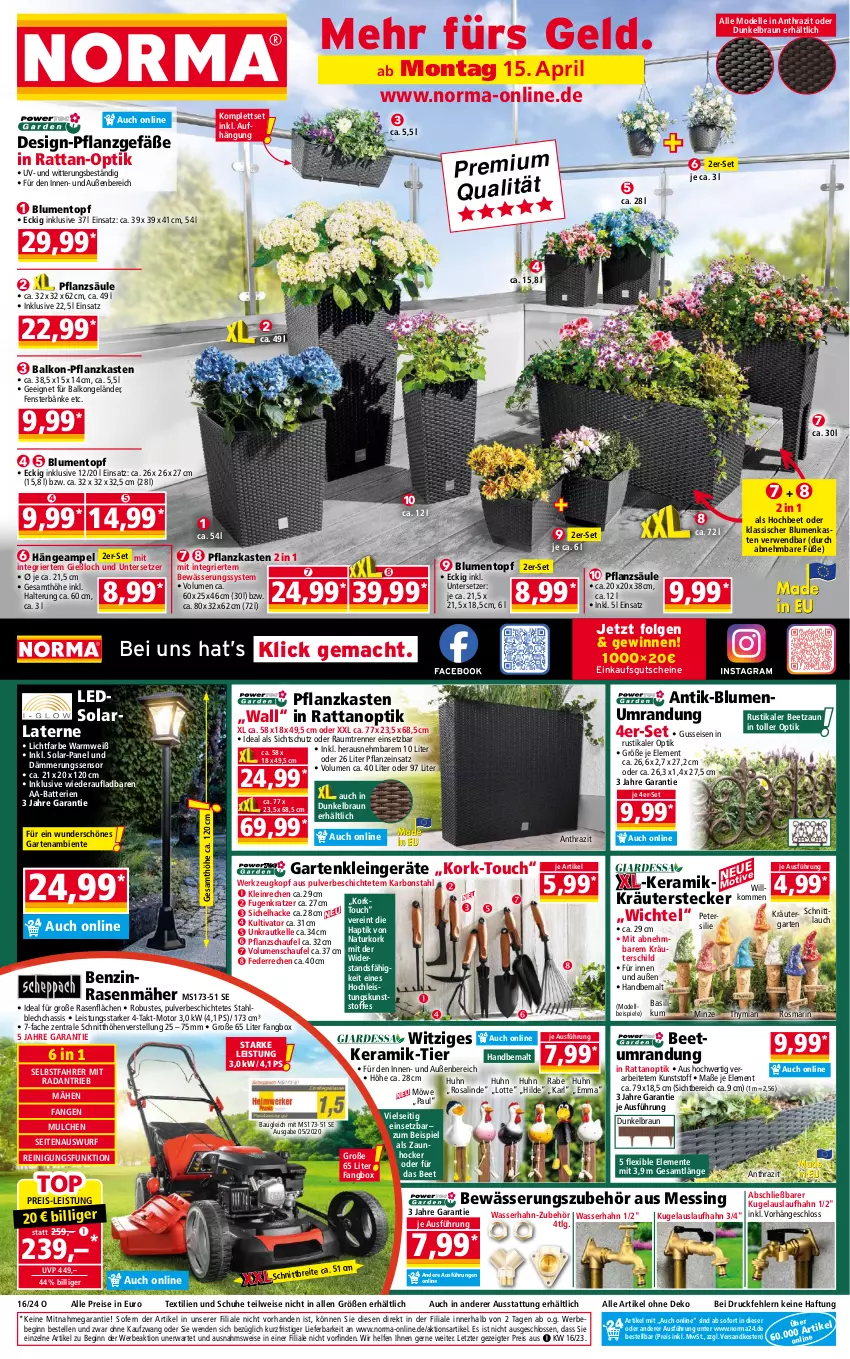 Aktueller Prospekt Norma - Norma - von 15.04 bis 22.04.2024 - strona 1 - produkty: AA-Batterien, arla, basilikum, batterie, batterien, Bau, Bebe, Beetumrandung, blume, blumen, braun, dell, eis, elle, ente, fenster, Garten, gin, gutschein, gutscheine, Hängeampel, hocker, Kraut, kräuter, Kugel, laterne, leds, LG, mac, minze, Mode, natur, ndk, petersilie, pflanze, Pflanzkasten, pril, rasen, rasenmäher, Reinigung, reis, rosmarin, rwe, schuhe, senf, Spiele, Ti, topf, Untersetzer, wasser, werkzeug, Wichtel, ZTE