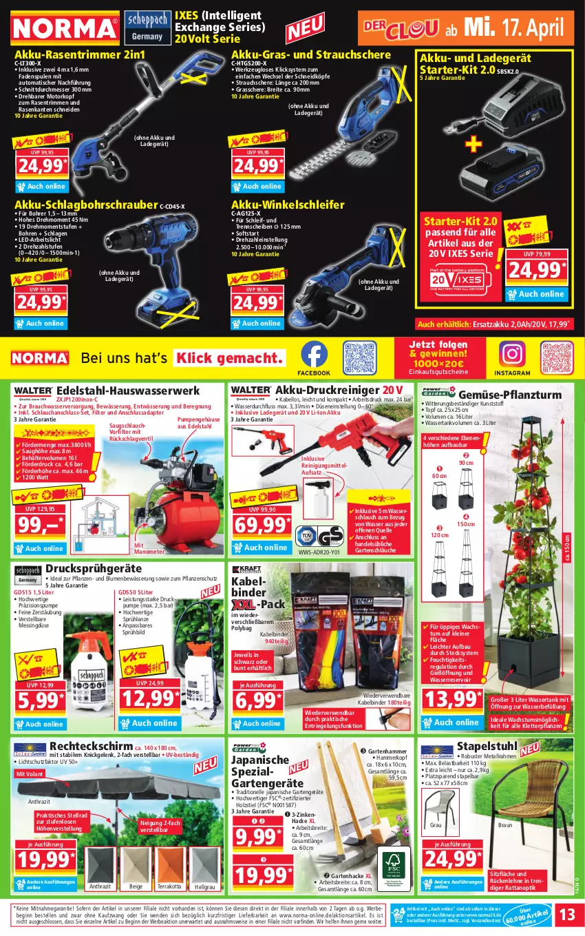 Aktueller Prospekt Norma - Norma - von 15.04 bis 22.04.2024 - strona 13 - produkty: adapter, akku, Akku-Schlagbohrschrauber, Akku-Winkelschleifer, auto, Bau, Bebe, Behälter, blume, blumen, Bohrschrauber, braun, Brei, edelstahl, eis, elle, Garten, gin, Grasschere, gutschein, gutscheine, Holz, Intel, K2, ladegerät, leine, LG, mac, messer, ndk, ohne akku und ladegerät, passend für alle, pflanze, pflanzen, pril, rasen, rasentrimmer, Rauch, reiniger, Reinigung, Reinigungsmittel, reis, riegel, rückenlehne, rwe, Schere, schlauch, schläuche, Spezi, stapelstuhl, Strauchschere, stuhl, Ti, tisch, topf, wasser, Wasserschlauch, wassertank, werkzeug, Winkelschleifer