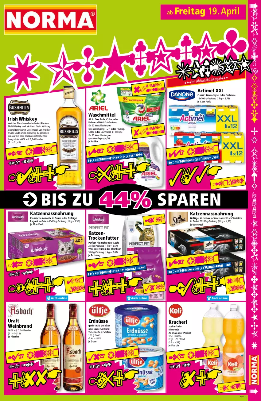 Aktueller Prospekt Norma - Norma - von 15.04 bis 22.04.2024 - strona 15 - produkty: actimel, ananas, apfel, beere, drink, drinks, eis, erdbeere, erdnüsse, fisch, flasche, frucht, Geflügel, gelee, grana, granatapfel, irish whiskey, Katzentrockenfutter, kracher, lachs, mac, maracuja, Nassnahrung, Perfect Fit, pfirsich, Pods, pril, Ragout, Rana, regal, Ria, salz, sauce, thunfisch, Ti, tisch, trockenfutter, vanille, waschmittel, wein, weinbrand, whiskas, whiskey, zucker