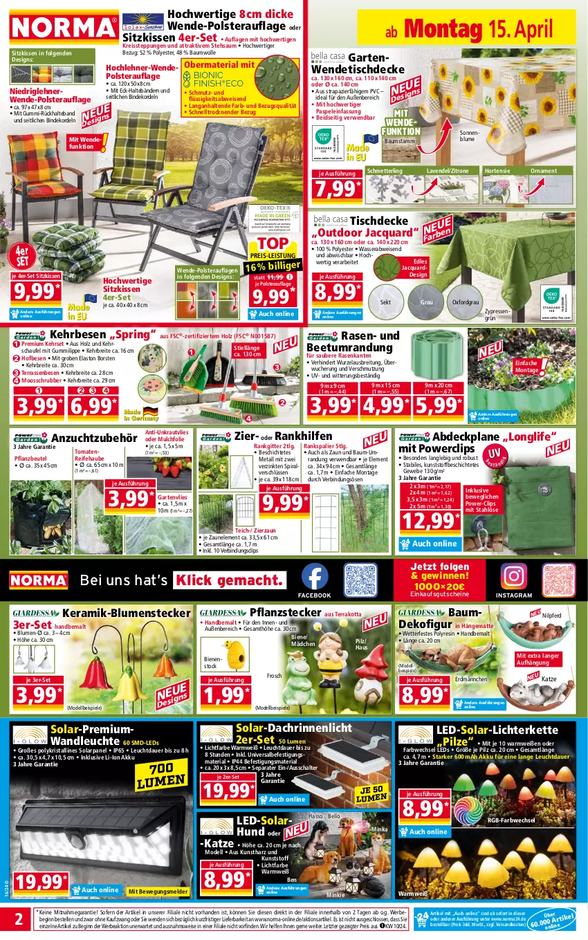 Aktueller Prospekt Norma - Norma - von 15.04 bis 22.04.2024 - strona 2 - produkty: abdeckplane, akku, auer, Bau, baumwolle, Bebe, Beetumrandung, beutel, blume, blumen, Brei, decke, Dekofigur, dell, eis, elle, Frosch, Garten, Gartenvlies, gin, gutschein, gutscheine, hängematte, Holz, hortensie, Kette, kissen, Kraut, Kunstharz, lavendel, leds, Leuchte, LG, lichterkette, longlife, mac, Mett, Mode, ndk, pilze, pril, rasen, reis, reiss, Ria, ring, rwe, Schal, Schmetterling, sekt, sitzkissen, sonnenblume, Spiele, Ti, tisch, tischdecke, tomate, tomaten, usb, wasser, wolle, zitrone, ZTE