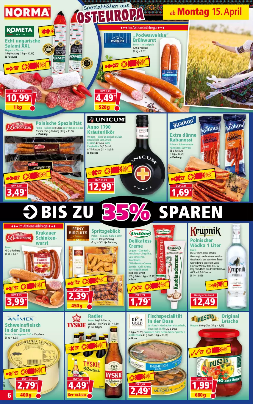 Aktueller Prospekt Norma - Norma - von 15.04 bis 22.04.2024 - strona 6 - produkty: auer, Brühwurst, chili, creme, eis, fisch, flasche, fleisch, gewürz, gin, gulasch, Gulaschcreme, HP, in olivenöl, kabanos, kakao, kirsch, knoblauch, krakauer, kräuter, kräuterlikör, kühlregal, Letscho, LG, likör, mac, Muscheln, olive, oliven, olivenöl, paprika, pril, radler, regal, saft, salami, Sardinen, schinken, schinkenwurst, schwein, schweine, schweinefleisch, Spezi, Sprotten, thunfisch, Ti, Ungarische Salami, wein, weine, Wels, wurst, zwiebel