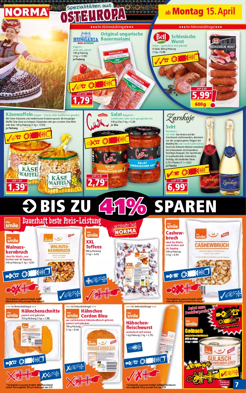 Aktueller Prospekt Norma - Norma - von 15.04 bis 22.04.2024 - strona 7 - produkty: antipasti, asti, auer, Bau, Bauer, bier, braten, Cashew, cashewkerne, cordon bleu, eis, flasche, fleisch, fleischwurst, frucht, früchte, Geflügel, Geflügel-Fleischwurst, gewürz, gin, gulasch, Hähnchenfleisch, Hähnchenschnitzel, Käse, kräuter, kräutern, kühlregal, latte, leine, LG, mac, Mode, müsli, nuss, pril, regal, reis, rum, salami, salat, schnitzel, schwein, schweine, schweinefleisch, sekt, Spezi, Ti, tisch, usb, waffeln, walnuss, walnusskerne, wein, weine, WICK, wurst