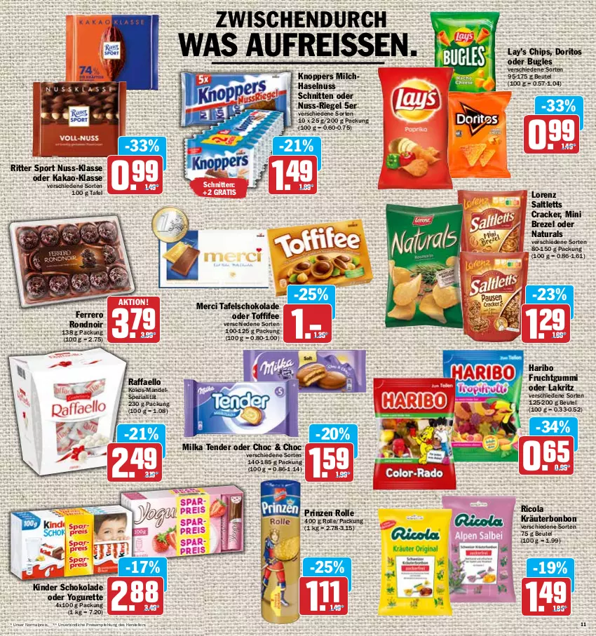 Aktueller Prospekt Hit - Prospekte - von 28.03 bis 02.04.2022 - strona 11 - produkty: beutel, brezel, bugles, chips, cola, cracker, Doritos, eis, elle, ferrero, frucht, fruchtgummi, haribo, haselnuss, kakao, Kinder, kinder schokolade, knoppers, kokos, kräuter, Lakritz, lorenz, mandel, merci, milch, milka, natur, natura, nuss, oder lakritz, oder yogurette, prinzen rolle, raffaello, reis, reiss, Ricola, riegel, ritter, ritter sport, saltletts, schnitten, schoko, schokolade, Spezi, Sport, tafelschokolade, teller, tender, Ti, toffifee, Yo, yogurette