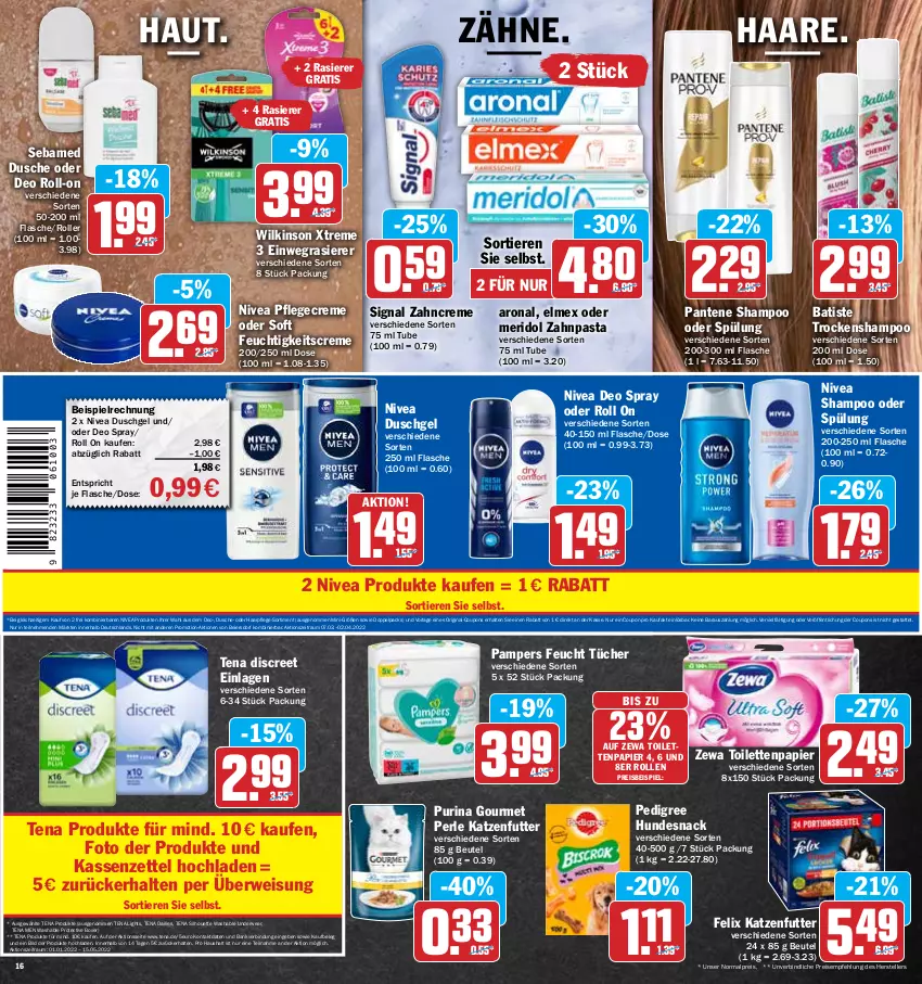 Aktueller Prospekt Hit - Prospekte - von 28.03 bis 02.04.2022 - strona 16 - produkty: Bank, beutel, coupon, coupons, creme, dailies, deo, deo roll-on, deo spray, Discreet, dusche, duschgel, eier, einwegrasierer, eis, elle, elmex, felix, feuchtigkeitscreme, flasche, gin, haarpflege, hundesnack, katzenfutter, meridol, nivea, oder deo roll-on, pampers, pantene, papier, pasta, pedigree, Pflegecreme, purina, rasierer, reis, roll-on, Roller, rwe, sebamed, shampoo, shampoo oder spülung, Signal, snack, spülung, teller, Tena Men, tender, Ti, Tiere, toilettenpapier, Trockenshampoo, tücher, wilkinson, zahncreme, zahnpasta, zewa