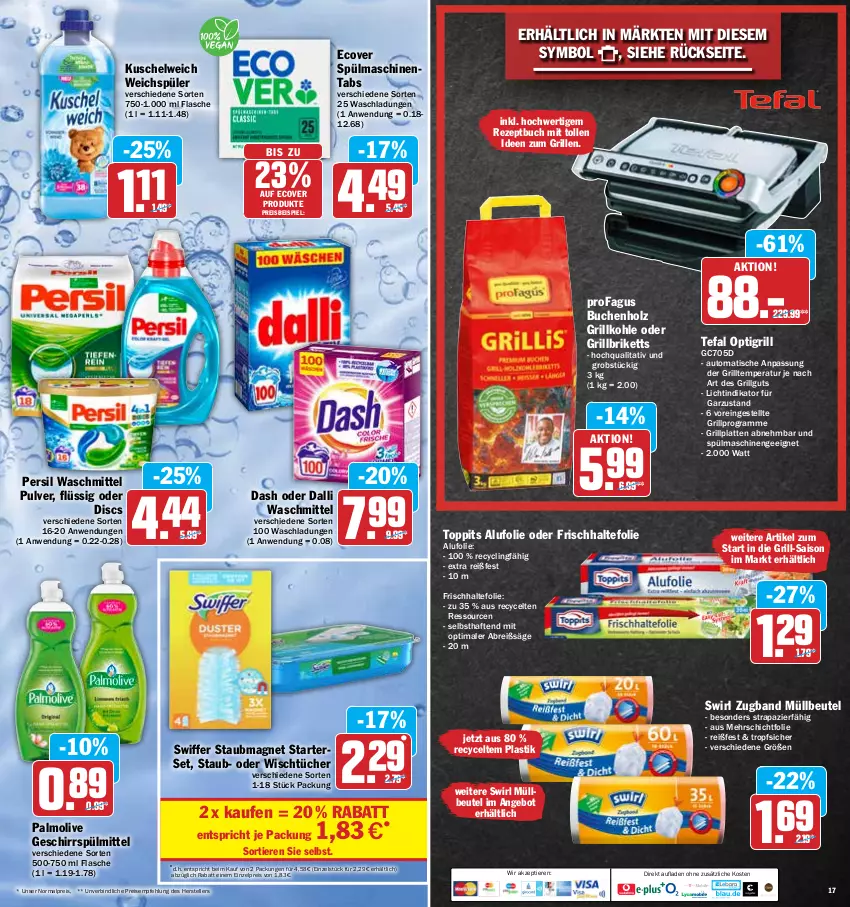 Aktueller Prospekt Hit - Prospekte - von 28.03 bis 02.04.2022 - strona 17 - produkty: angebot, asti, auto, beutel, Brei, briketts, buch, Clin, dalli, eis, elle, flasche, frischhaltefolie, geschirr, geschirrspülmittel, grill, grillbriketts, Grillkohle, grillplatte, Holz, Kuschelweich, latte, LG, müllbeutel, obst, olive, palmolive, persil, persil waschmittel, profagus, reis, rezept, säge, spülmaschinen, spülmaschinentabs, spülmittel, staubmagnet, swiffer, swirl, tefal, teller, tender, Ti, Tiere, tisch, toppits, tücher, waschmittel, weichspüler