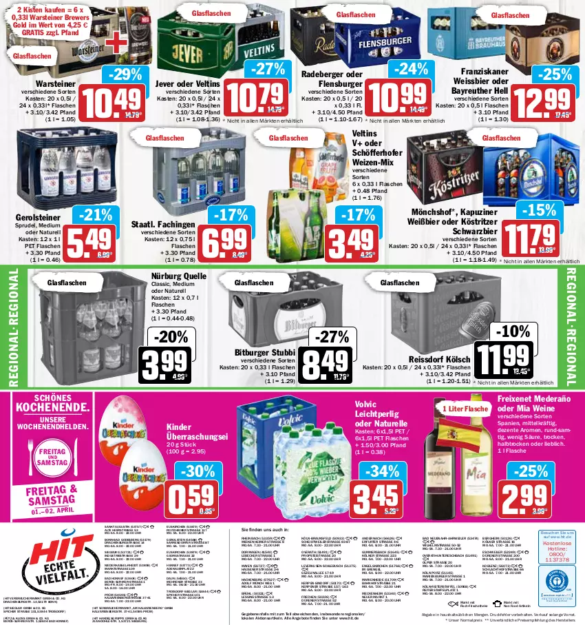 Aktueller Prospekt Hit - Prospekte - von 28.03 bis 02.04.2022 - strona 20 - produkty: angebot, angebote, auer, Bad, Berger, bier, bitburger, braun, burger, drucker, eimer, eis, elle, Engel, ente, fisch, flasche, flensburger, franziskaner, freixenet, gerolsteine, gerolsteiner, glasflasche, jever, kerze, Kinder, köstritzer, Lübecker, mönchshof, natur, radeberger, Rauch, reis, reiss, rel, rwe, schöfferhofer, Sprudel, ssd, Staatl. Fachingen, steiner, teller, Ti, uhr, veltins, volvic, warsteiner, wein, weine, weissbier