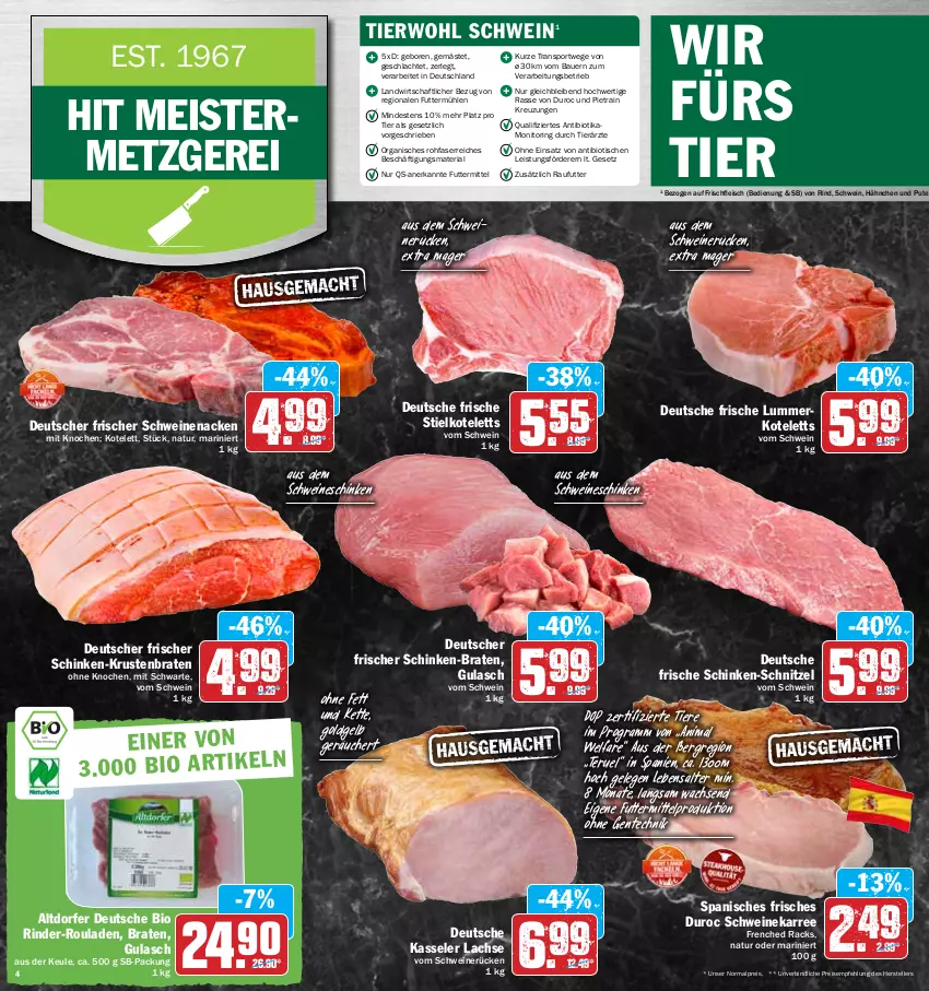 Aktueller Prospekt Hit - Prospekte - von 28.03 bis 02.04.2022 - strona 4 - produkty: auer, bio, braten, eis, elle, ente, fleisch, gulasch, kasseler, Kette, kotelett, krustenbraten, lachs, Meister, monitor, natur, pute, reis, Ria, rind, rinder, rinder-rouladen, ring, rouladen, schinken, schnitzel, schwein, schweine, schweinenacken, schweinerücken, Sport, teller, Ti, Tiere, tisch, wein, weine, ZTE